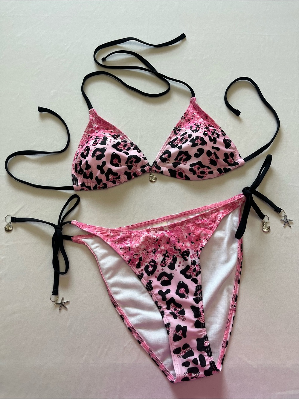 Pink Leopard Print Triangle Bikini Set with Black Ties